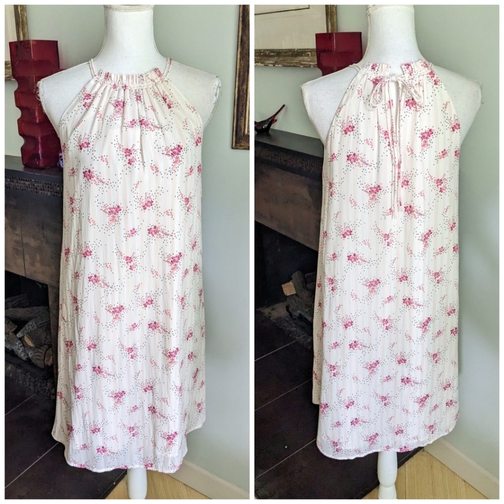 LOFT Small Floral Trapeze Style Dress Tie Neckline Back Ruffle White Pink 157
